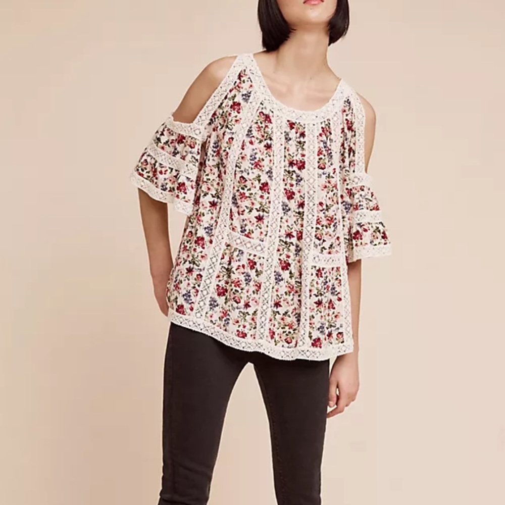 Anthropologie Floral Lace Trim Cold Shoulder Bell Sleeve Boho Top Size L